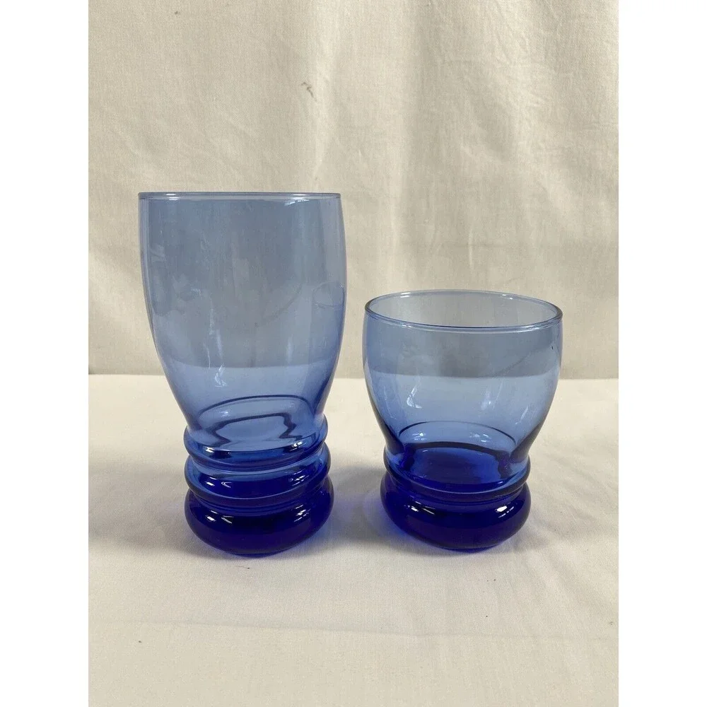 2 Libbey Bangles Cobalt Blue Double Old-Fashioned Glasses Rippled Base